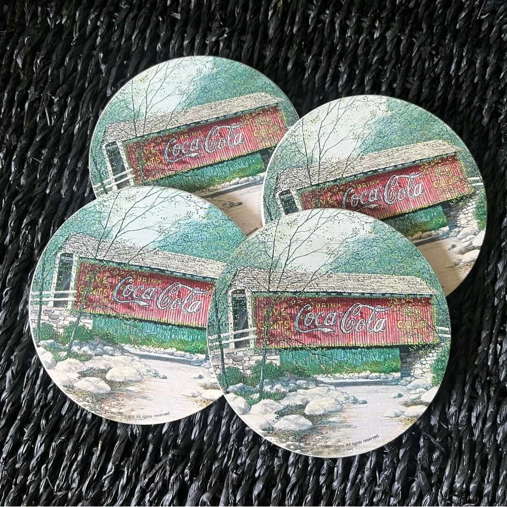 Vtg Coca-Cola Absorbent Stoneware 4 Coaster Set Collectible Coke Covered Bridge